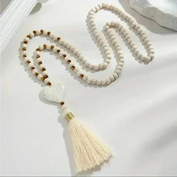 Jewelry - Boho-Chic Turquoise Heart & Wooden Bead Y-Shaped Necklace with Wheat Tassel